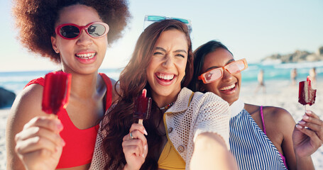 Wall Mural - Friends, selfie and girl with ice cream at beach, summer or excited with diversity for post on web. Woman, happy and desert for photography, memory or profile picture in portrait on vacation by ocean