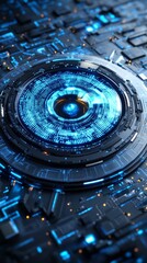 Poster - An intricate design showcases a circular pattern with glowing blue elements, surrounded by detailed circuitry. The high-tech environment radiates energy and innovation