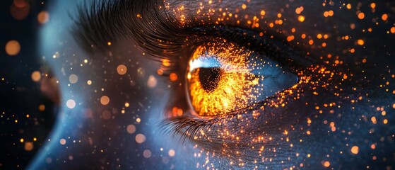 Poster - A close-up view features a surreal eye with vibrant orange and gold sparkles, creating a striking visual effect that emphasizes technology and innovation