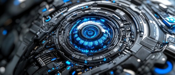 Poster - Intricate technology design showcases glowing blue elements within an organized circular formation, highlighting advanced electronic components