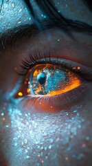 Poster - A close perspective of a human eye reveals intricate digital patterns and glowing colors, showcasing a blend of technology and human features in a creative manner