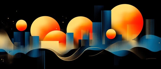 Poster - Abstract representation of a city skyline at sunset features glowing orange circles and blue waves, creating a vivid and dynamic visual experience