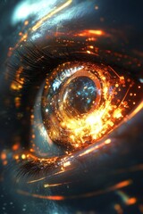 Poster - A captivating close-up shows a human eye enhanced with vibrant, glowing patterns, illustrating a blend of organic and technological elements in a dark setting