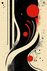 Poster - An abstract composition showcases bold red circles and flowing black lines on a beige background, creating a dynamic sense of movement and design