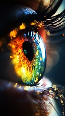 Poster - Close-up view of a human eye exhibiting bright colors and detailed patterns, capturing the interplay of light and technology in an enchanting way