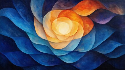 Poster - A vibrant arrangement of swirling shapes in blue, orange, and yellow creates a calming and harmonious composition, inviting viewers to explore its depth and nuances