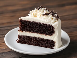 Wall Mural - A slice of chocolate cake with creamy frosting on a white plate.