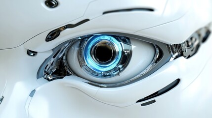 Poster - A detailed view of a high-tech robotic eye features intricate components and glowing elements, highlighting innovation in artificial intelligence and design
