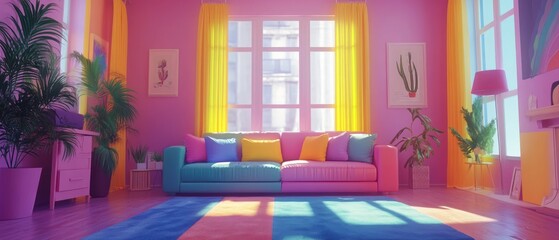Poster - This spacious living room features a vibrant color palette with purple walls, large windows, and a comfortable couch adorned with colorful cushions