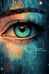 Poster - A detailed view of an eye surrounded by colorful, abstract patterns and digital circuitry, reflecting a blend of technology and human emotion
