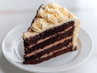 Wall Mural - A slice of chocolate cake with layered frosting on a white plate.