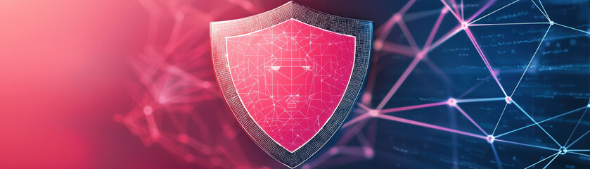 Poster - digital shield symbolizing antivirus protection against cyber threats, set against vibrant red and b