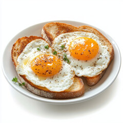 Wall Mural - Fried eggs served on toasted bread, garnished with herbs and spices, create delicious breakfast dish. crispy edges and vibrant yolks enhance visual appeal