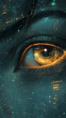 Poster - A captivating eye emits a blend of warm golden and cool blue hues reflecting intricate digital patterns and futuristic designs, creating a mesmerizing visual