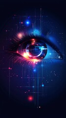 Poster - A visually captivating tech eye emits radiant colors and complex patterns against a dark background, symbolizing innovation and advanced technology