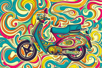 Aufkleber - A line art of a motorbike surrounded by colorful, swirling patterns and designs.