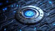 © Hryhor Denys - A close-up view of a glowing circular interface with blue lights, surrounded by complex patterns on a dark background, suggesting advanced technology
