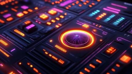 Poster - Intricate control panel features glowing buttons and displays in neon colors, creating a dynamic atmosphere suggestive of advanced technology