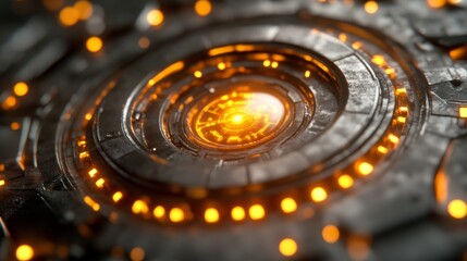 Poster - Detailed spiral design showcases bright orange lights against a dark metallic background, suggesting advanced technology or machinery in a modern environment