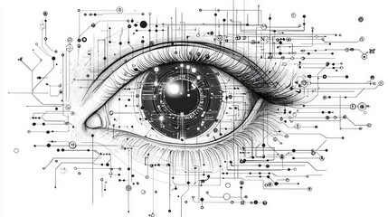 Poster - An intricate illustration mixes an eye with circuit patterns, symbolizing the link between human vision and advanced technology, showcasing innovation