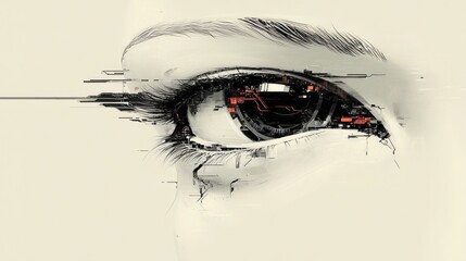 Poster - A close-up representation of a human eye blended with digital elements, highlighting technological intricacies and a seamless fusion of vision and innovation