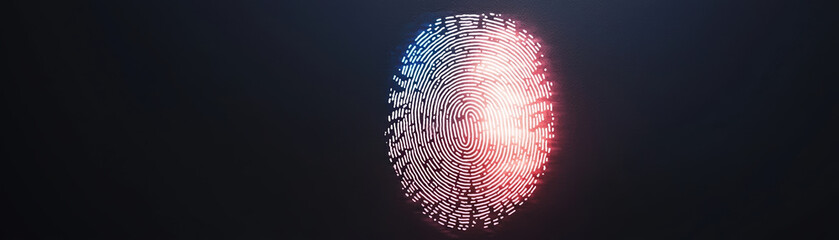 Poster - Digital fingerprint with charcoal black background, showcasing intricate patterns in red and blue hues, symbolizing identity and security