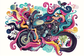Aufkleber - A line art of a motorbike surrounded by colorful, swirling patterns and designs.