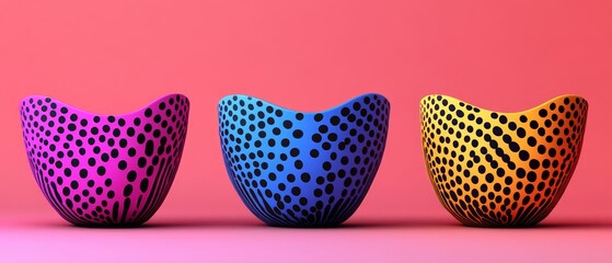 Poster - Three decorative bowls in vibrant purple, blue, and yellow colors rest against a bright pink background, showcasing unique polka dot patterns and smooth curves