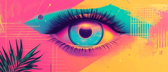 Poster - An abstract depiction of an eye rendered in vivid colors and geometric shapes, showcasing a combination of artistic elements and bold visuals