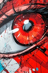 Poster - A vivid red eye is depicted with bold brush strokes and abstract colors, showcasing the beauty and depth of artistic expression in an urban setting