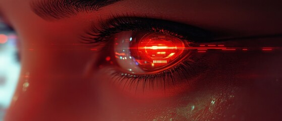 Poster - A close-up view of a tech-inspired eye featuring a bright red glow and intricate details, illustrating the fusion of humanity and advanced technological elements