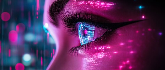Poster - Intricate details of a digital eye reflect colorful data patterns, symbolizing the fusion of human perception and advanced technology in a modern environment