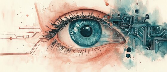 Poster - A close-up view of an eye blended with digital circuitry showcases the fusion of human perception and technology, highlighting advancements in innovation and design