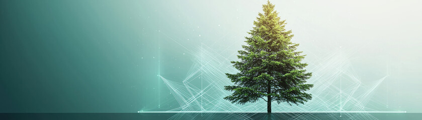 Poster - vibrant green tree stands against modern, abstract background, symbolizing nature and technology. design evokes sense of harmony and innovation in environmental themes