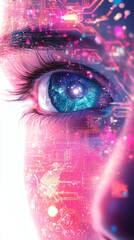 Poster - An eye is prominently featured, enhanced by a vivid display of digital elements and abstract patterns, merging technology with human vision in a striking way