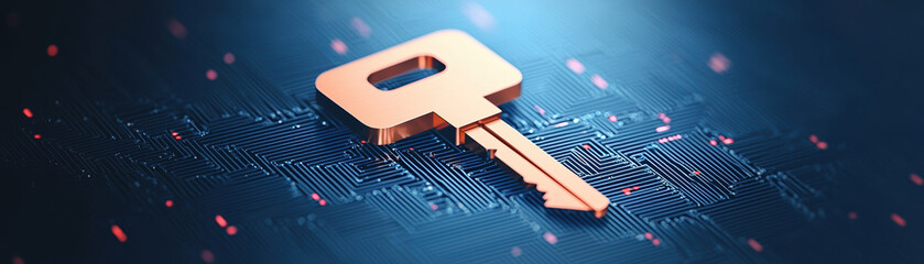 Poster - Digital key icon on data stream background, symbolizing security and technology. design features copper key against blue circuit pattern, evoking sense of modernity and innovation