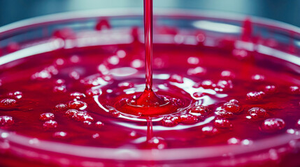 Poster - A single red droplet creating a ripple in a glass petri dish, set against a vibrant lab background, symbolizing research and scientific discovery