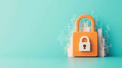 Poster - Secure padlock graphic on vibrant turquoise background, symbolizing digital security and protection. design features modern padlock with pixelated backdrop, conveying safety and technology