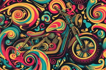 Aufkleber - A line art of a motorbike surrounded by colorful, swirling patterns and designs.