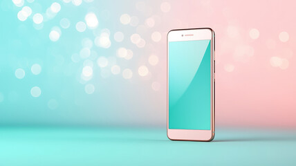Poster - smartphone with aquamarine screen stands against pastel background, creating modern and vibrant atmosphere. soft bokeh adds touch of elegance and charm