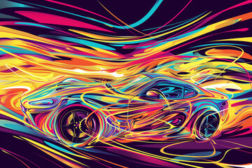 Aufkleber - An abstract line art of a car, featuring bright, swirling colors and energetic shapes.