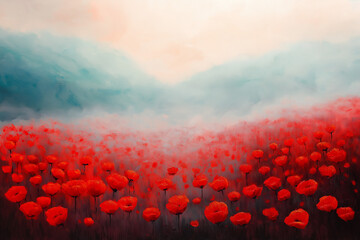 Wall Mural - red poppy field in morning mist
