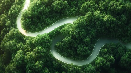 Sticker - Winding road through lush green forest canopy.