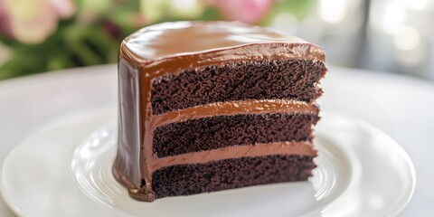 Wall Mural - A slice of rich chocolate cake with smooth icing, presented on a white plate.