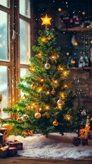 Wall Mural - A beautifully decorated Christmas tree with golden ornaments and twinkling lights stands by the window, surrounded by snowfall, creating a cozy holiday atmosphere.