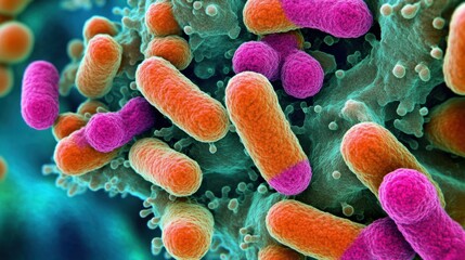 Poster - Colorful Microscopic View of Bacteria Under a Microscope Lens