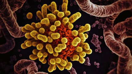 Poster - Intricate Microscopic View of Virus with Yellow and Orange Details
