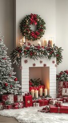 Wall Mural - Cozy Christmas scene with white fireplace adorned with festive garlands and candles, surrounded by a beautifully decorated tree and a scattering of wrapped presents.