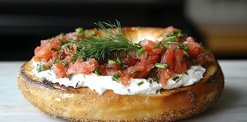 Sticker - A toasted bagel topped with cream cheese, diced tomatoes, and herbs.