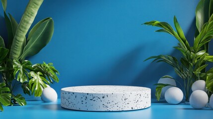 Poster - Minimalist Display Platform Surrounded by Green Plants and Blue Wall